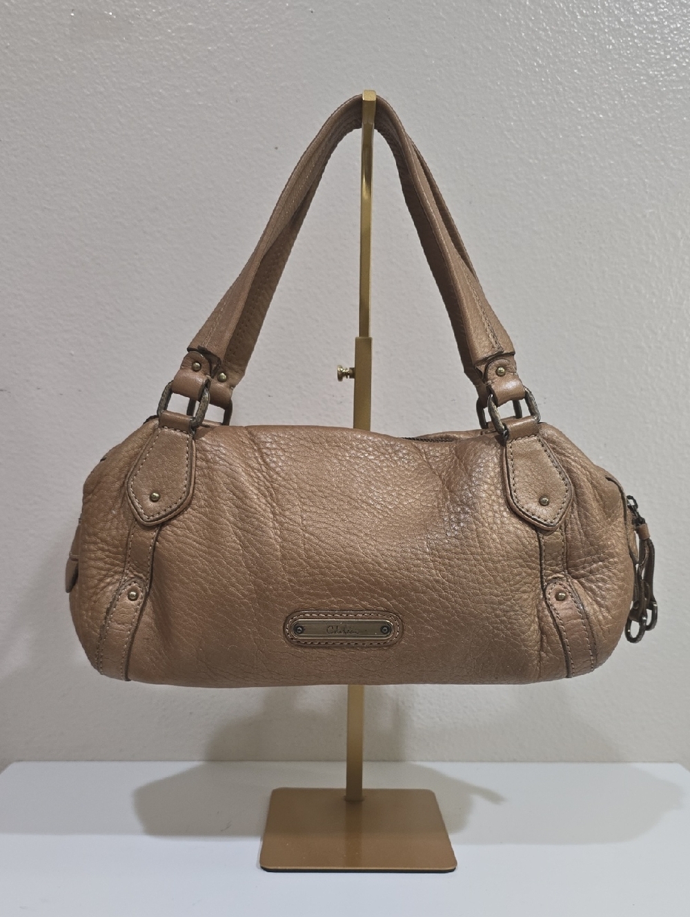 Cole Haan Taupe Pebbled Leather Double-Handle Shoulder Bag